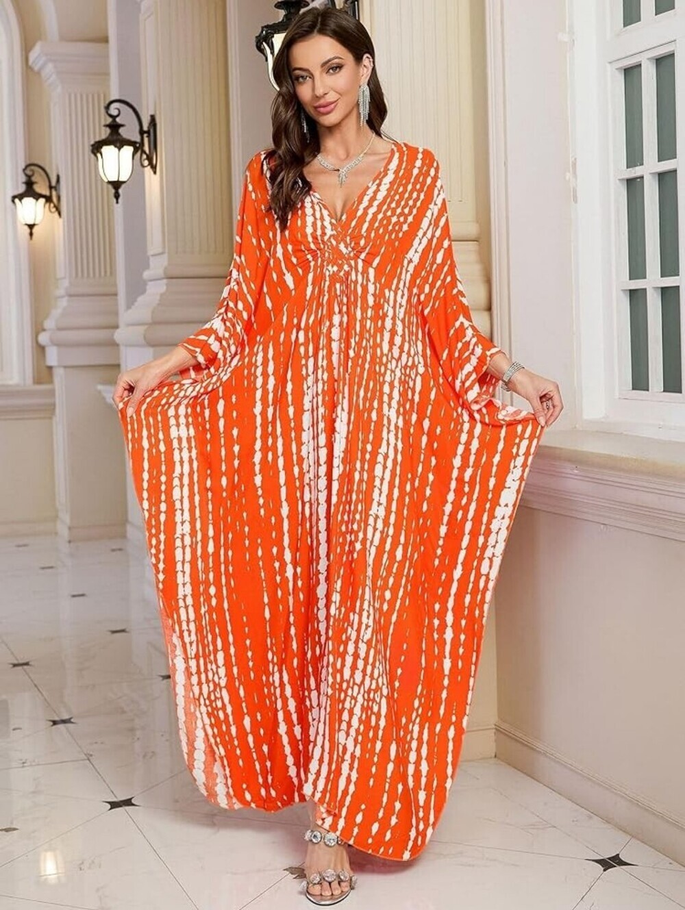 Vibrant Orange V-Neck Kaftan Dress Coverup